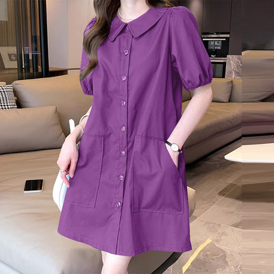 LinkMejor Elegant Style Women Shirt Dress Holiday Casual Raglan Sleeve Sundress Turn-Down Collar Solid Mini Vestidos Dress