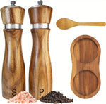 IPRee 2pcs/pack Wooden Salt And Pepper Grinder Set Solid Acacia Wood Crafted Adjustable Coarseness Manual Grinder with Mill Tray & Spoon