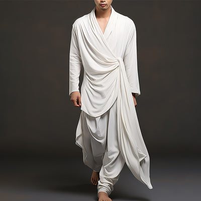 LinkMejor Men Irregular Design Two-piece Set Comfortable Solid Color Fabric Long Sleeve Top and Pant with Side Pockets Casual Set for Men Plus Size, Spring Fall