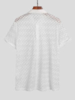 Men Lace Floral See Through Short Sleeve Lapel Collar Shirt