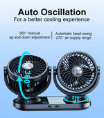 Fusika 12V 24V Dual Head Car Fan Dual USB Ports Brushless Motor 3 Speed Adjustment Auto Oscillation Universal Vehicle Cooling Fan