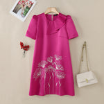 LinkMejor Womens Elegant Floral Embroidery Satin Dress Party Puff Sleeve Ruffles Knee Length Dresses