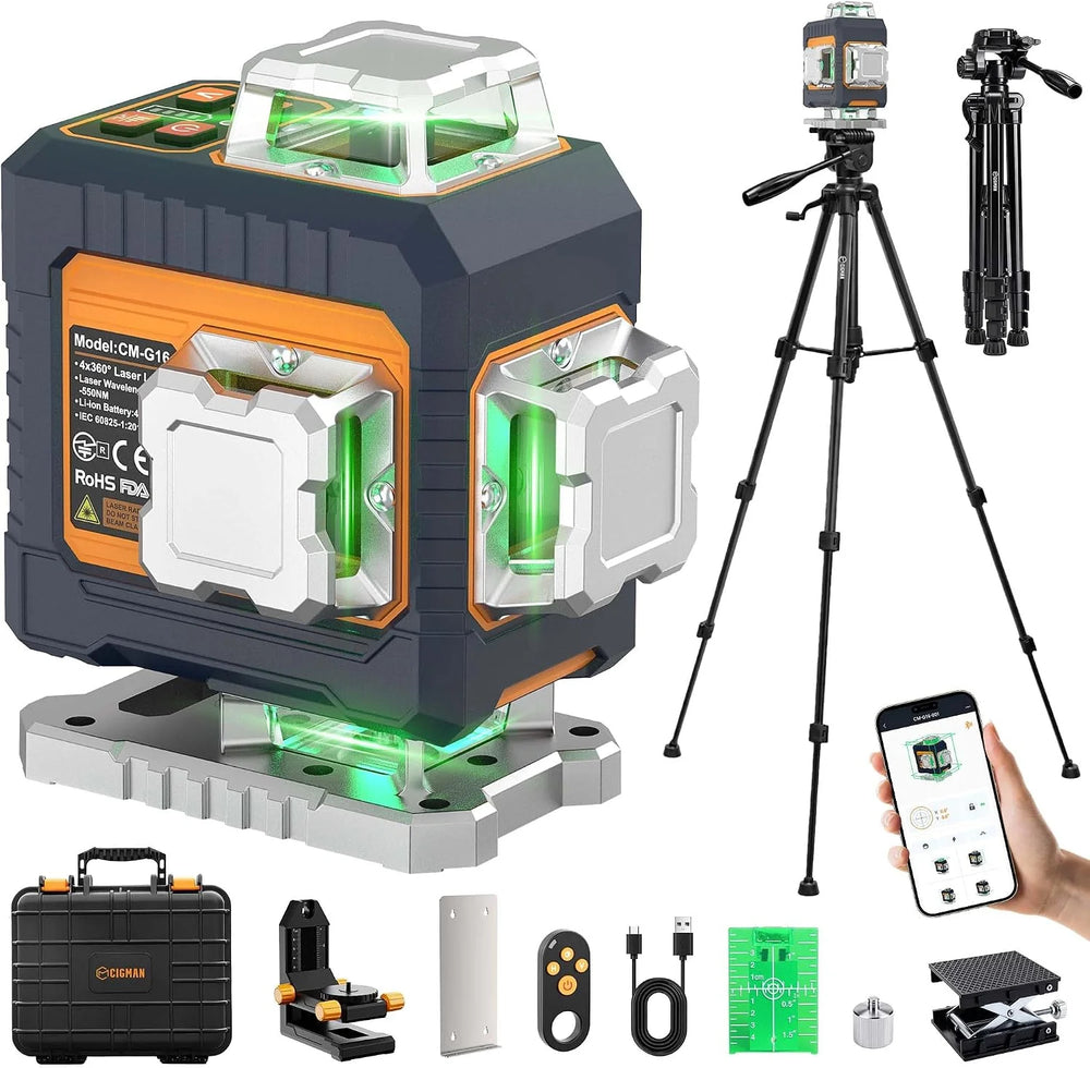 EU US Direct CIGMAN CM-G16 CM-G16T 16Line  4 x 360° Green Laser Level Self-Leveling USB-C Rechargeable 4000mAh Remote App Control IP54 5/8"-11 Tripod Adapter