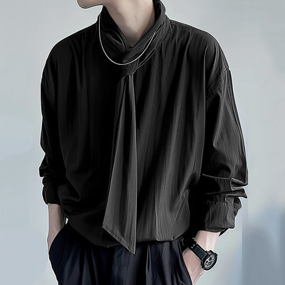 LinkMejor Mens Solid Color Tie Design Long-Sleeve Shirt Fashion Casual Top Shirt for Male