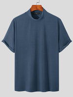 LinkMejor Mens Casual Stand Collar Top Solid Color Short Sleeve T-Shirt