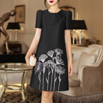 LinkMejor Womens Elegant Floral Embroidery Satin Dress Party Puff Sleeve Ruffles Knee Length Dresses