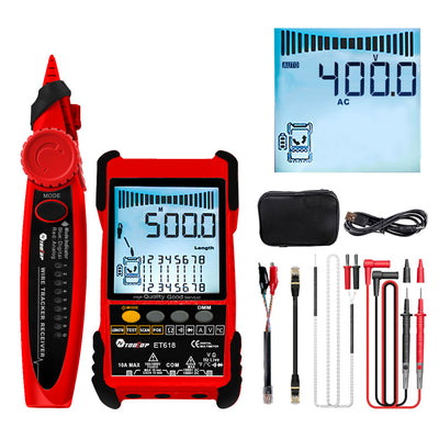 LinkMejor Large LCD Screen Network Cable Tester + Multimeter 2 in 1 400M/500M Network Cable Length Measure AC DC Current Voltage Measurement Anti-noise Line Tracker ET616 ET618