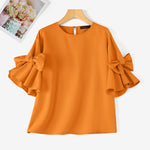 LinkMejor Elegant Style Womens Shirts Blouses Ladylike Crew Neck Ruffled Sleeves Tops Side Bowknot Solid Blouses