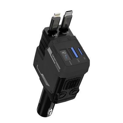 A1 4-in-1 Retractable 120W 2-Port USB PD Car Charger with iP+Type-C Telescopic Cable Support PD QC3.0 AFC MTK FCP Fast Charging with Digital Display for iPhone 16 16 Pro 15 14 13 Pro Max for Huawei Mate XT for Samsung Galaxy Z Flip6