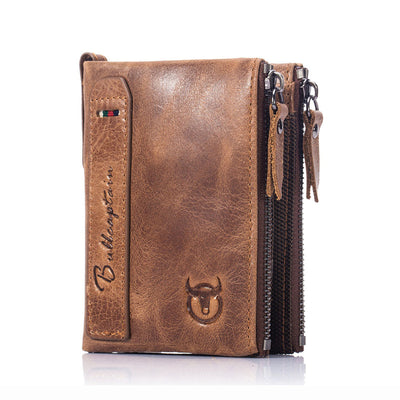 LinkMejor Vintage Men's Wallet Top-grain Cowhide Leather Zipper Card Holder Coin Purse Business Casual Male Money Clip