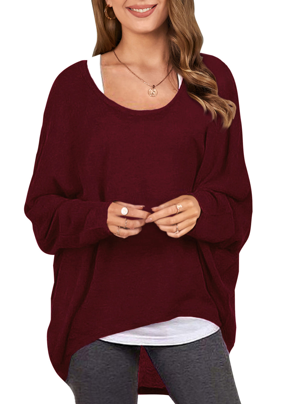 LinkMejor Plus Size Womens T-shirt Long Bat Sleeve Round Neck Loose Solid Color Pullover Plus Size Casual Shirt T-shirt