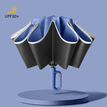 10 Ribs Fully Automatic Handle Umbrella 106cm Detachable Handle Reverse Opening UV Umbrella with Windproof Reflective Stripe Reverse Fold Umbrella Carabiner Travel