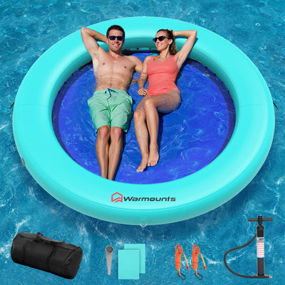 [US Direct] Warmounts Round Floating Ring 6/8 FT Inflatable Water Hammock Heavy Duty Lake Pool Ocean Floats for Adults Fits 2-5 Float Island Platform for Tanning Lounging Water Recreation