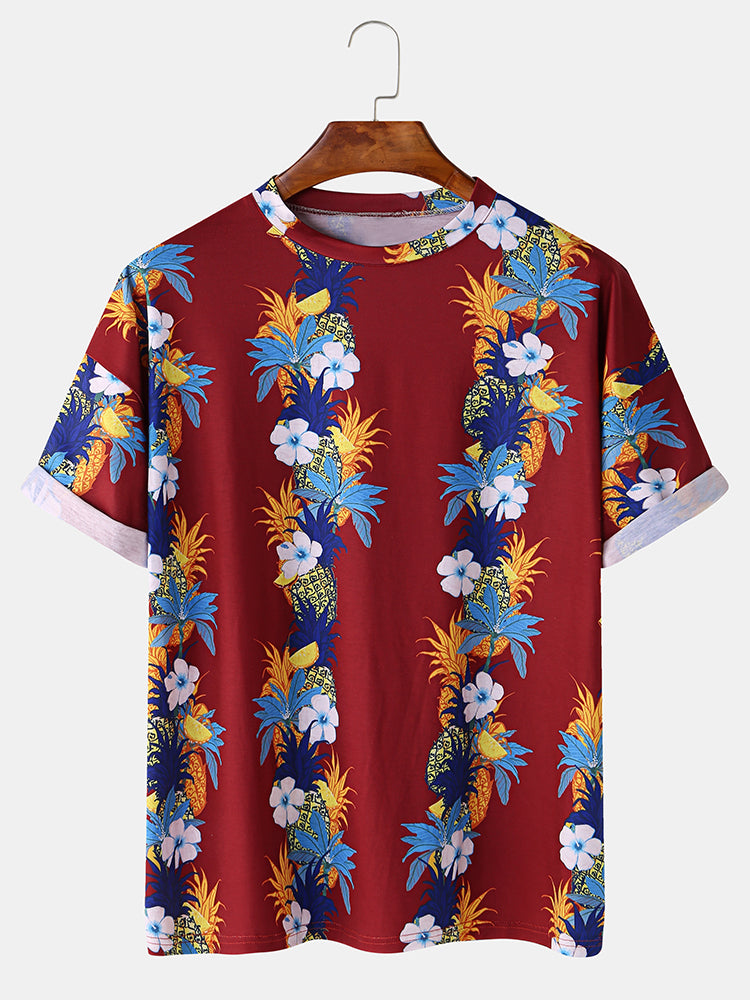 Mens Fashion Floral Printing Crew Neck Breathable Short Sleeve Casual T-Shirts