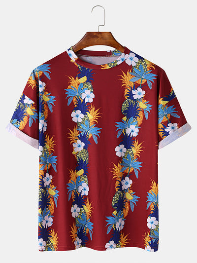 Mens Fashion Floral Printing Crew Neck Breathable Short Sleeve Casual T-Shirts