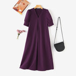 LinkMejor Women Vintage Fashion Solid Casual V-Neck Short Sleeve Dress Loose Fit with Side Pockets