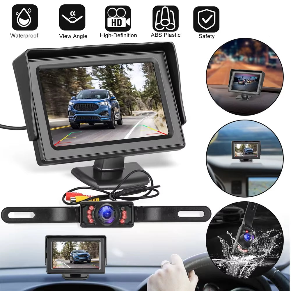 4.3inch Car Rear View License Plate Backup Camera with Monitor Screen for Vehicle Van Night Vision Reverse HD Parking System