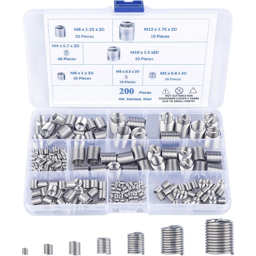200Pcs 304 Stainless Steel Wire Thread Inserts Assortment Kit M3 M4 M5 M6 M8 M10 M12 Helical Coiled Metric Thread Repair Insert Set