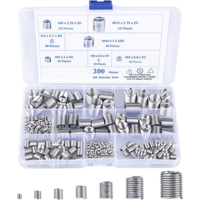 200Pcs 304 Stainless Steel Wire Thread Inserts Assortment Kit M3 M4 M5 M6 M8 M10 M12 Helical Coiled Metric Thread Repair Insert Set