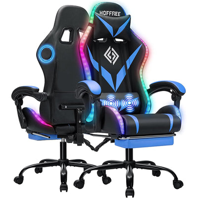 LinkMejor Gaming Chair with bluetooth Speakers RGB LED Lights Computer Chair Ergonomic Massage Game Chair with Footrest & Lumbar Support High Back Video Game Chair for Adults Racing Style