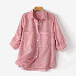 LinkMejor Women's Striped Shirt Summer 3/4 Sleeve Lantern Sleeve Front Pockets Casual Blouse Top