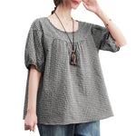 LinkMejor Women Plaid Blouses Shirt Trendy Casual Round Neck Top with Pleats Short Lantern Sleeves Shirt Loose Fit