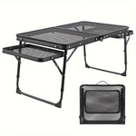 Xmund Outdoor Folding Table with Two Wings, Camping Table with a Mesh Surface, Portable Adjustable Height Barbecue Table, Aluminium Alloy Dining Table for Picnics, Camping, Barbecues, And The Beach