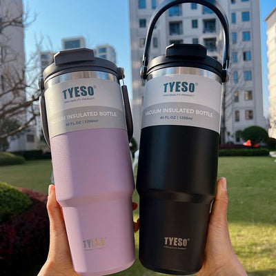 Tyeso 900ml/1200ml Portable Double Layer 304 Stainless Steel Water Bottle, Cold and Hot Coffee, Travel Gym Mug with Lid and Straw, Car Thermos Cup