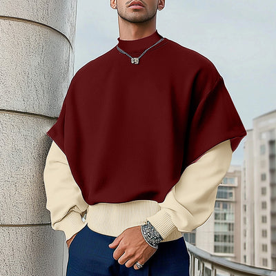 LinkMejor Mens False Two-Piece Patchwork Long-Sleeve Pullover Hoodies Comfy Crew Neck Top for Male