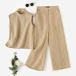 LinkMejor Women Vintage Casual Stand Neck Sleeveless Pleated Wide Leg Tops Trousers