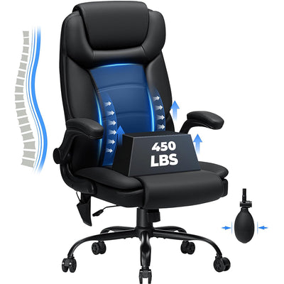 LinkMejor Executive Office Chair Big and Tall 450lbs Heavy Duty Office Chair with Adjustable Lumbar Support High Back Ergonomic Home Computer Leather Chair with Padded Flip-up Arms for Heavy People