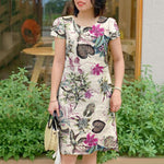 LinkMejor Womens Retro Crew Neck Raglan Sleeve Dress Floral Print Knee Length Cotton Linen Elegant Sundress