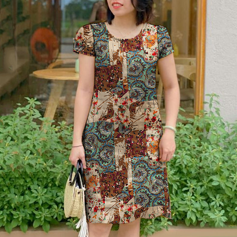 LinkMejor Women Chic Printed Short Sleeve Dress Plus Size Loose Fit, Perfect for Work & Everyday