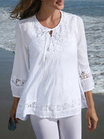 LinkMejor Women's Shirt Solid Lace Blouse Eyelet Lace Patchwork 3/4 Length Sleeve Top Summer Daily Casual Shirts
