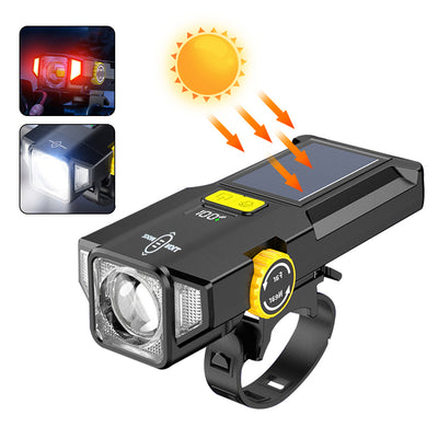 LinkMejor Solar Rechargeable Zoomable Bicycle Headlight 1600mAH Anti-glare Red Warning Lamp Type-C Charging Bike Front Light for Night Riding Safety