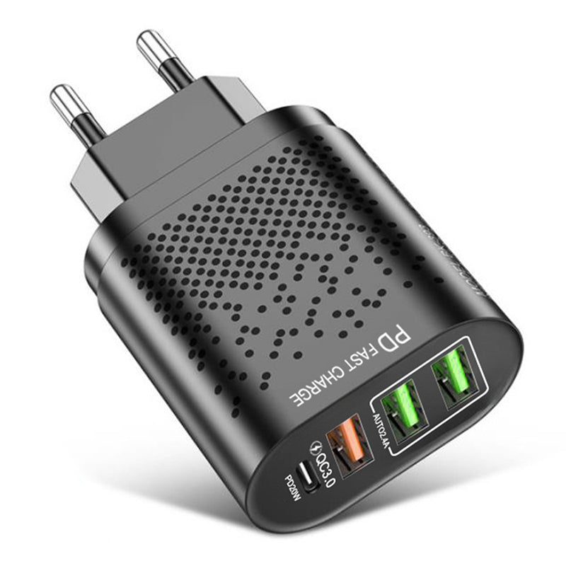 USLION 375-PD PD20W 4-Port USB PD Charger 3USB-A+USB-C PD QC3.0 Support AFC FCP Fast Charging Wall Charger Adapter EU Plug for iPhone 15 14 13 Pro for Samsung Galaxy Z Flip 6 for Honor Magic V3 for Huawei Nova Flip
