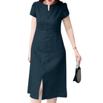 LinkMejor Women's Dresses Vintage Front Split Solid O-Neck Short Sleeve Dress