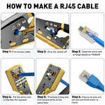 RJ45 Crimp Tool Kit Cat6 Cat5e Network Cable Tester Pass Through Connectors Wire Cutter Mini Stripper Strain Relief Boots 1000m Test Distance Crimping Cutting Stripping Tools