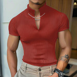 LinkMejor Men's Solid Color Knitted Half Turtleneck Chain Deco Short Sleeve T-Shirt