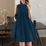 LinkMejor Women Elegant Stand Collar Sundress Sleeveless A-Line Midi Party Prom Dress