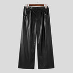 LinkMejor Mens Solid Color Leather Wide-Leg Pant Casual Elastic Waist Straight Legged Pants