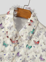 LinkMejor Mens Shirt Butterflies Print Tassel Shirts Fashion Party Long Sleeve Lapel Top Summer Casual Male Clothing Shirts