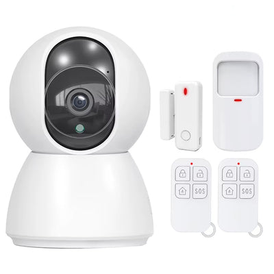 2MP WiFi IOT Camera Smart Home Security Burglar Alarm System Wireless PTZ IR Night Vision Motion Detect Two-way Intercom APP Control Indoors Surveillance Cam with Door and Window Sensor Body IR Sensor