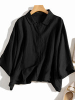 LinkMejor Cotton Solid Button Lapel Ruched Casual Blouse