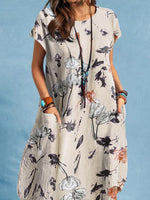 Plant Print Pocket Short Sleeve Casual Midi Dress