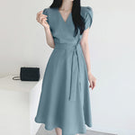 LinkMejor Womens Puff Sleeve V Neck Belted A Line Midi Dress Party Gown Long Dresses