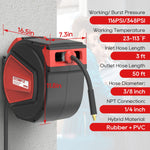 [USA Direct] ECOMAX 3/8 in. x 50 ft Retractable Enclosed Air Hose Reel with Auto Rewind Heavy Duty Reel NPT 1/4 Inch Any Length Lock 180° Swivel Bracket MAX Pressure 348 PSI