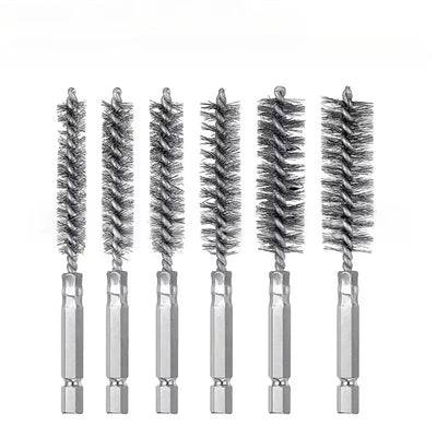 Premium Stainless Steel Bore Brush Set 6 pcs Silver Straight Wire Bristle for Drill Efficient Cleaning Rust Removal