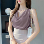 LinkMejor Women's Blouses Elegant Cowl Neck Tanks Tops Office Work Sleeveless Satin Camisoles