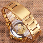 Fashion Fully Auto Mechanical Skeleton Men Watch Retro Exquisite Dial Gold Steel Band Wristwatch